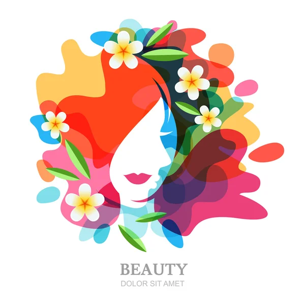 Female face and plumeria flowers on multicolor splash background — Stock Vector