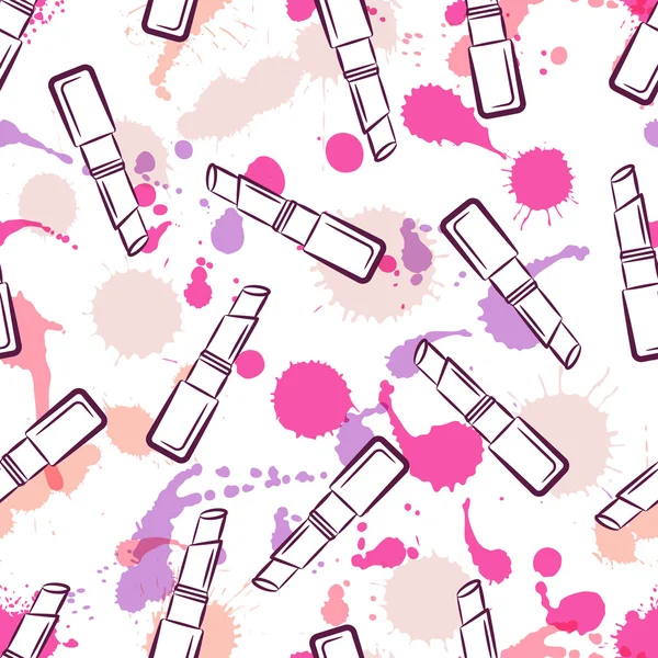 Vector seamless pattern. Lipsticks, watercolor blots and splashes. Beauty and cosmetics concept. Watercolor background for fabric design, fashion textile print, wrapping paper, background, package. — Vettoriale Stock