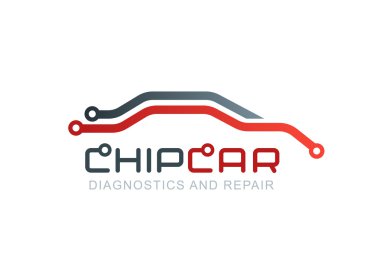 Vector logo with abstract car line silhouette. Diagnostics and repair car service. Automobile chip or scheme symbol. 