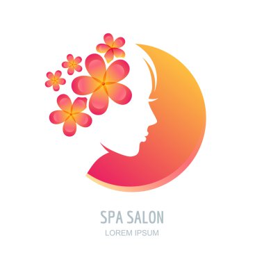  Woman with flowers in hair. Vector beauty floral logo, sign, la