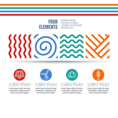Vector infographics design. Four elements abstract linear symbols and alternative energy icons on white background. 