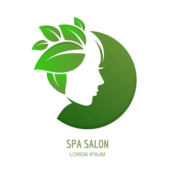 Woman with green leaves hair. Vector logo, label or emblem desig — стоковый вектор