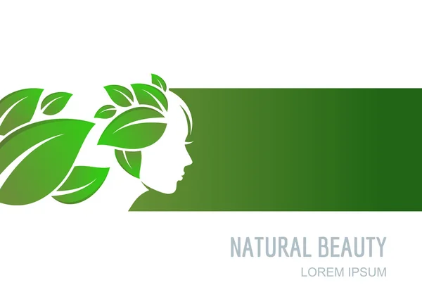 Female face on green background. Woman with green leaves hair. Vector label, package background, banner, flyer design elements. Abstract concept for beauty salon, cosmetics, spa, natural healthcare. — Διανυσματικό Αρχείο
