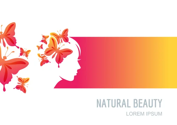 Female face on colorful background. Woman with butterflies in hair. Vector label, package background, banner, flyer design elements. — Image vectorielle
