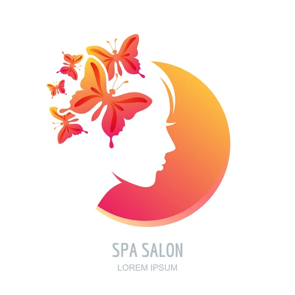 Woman with butterflies in hair. Vector beauty floral logo. — стоковый вектор