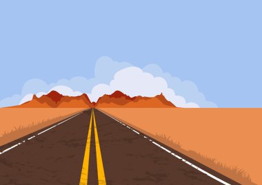 Road in desert and mountains. Summer or autumn panoramic landscape with empty highway and blue sky.
