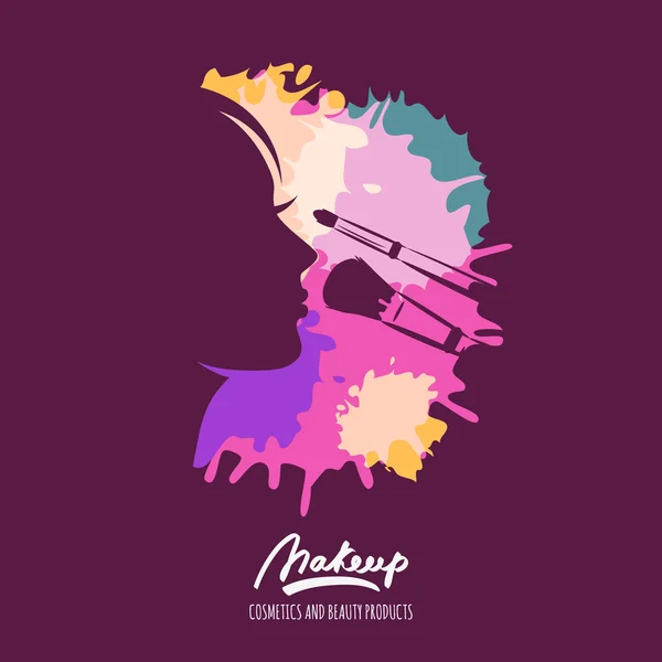 Woman face and makeup brushes on watercolor splash background. Vector Graphics