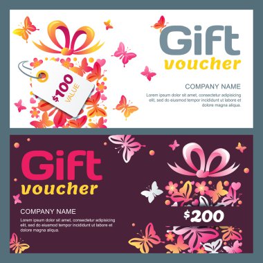 Vector gift voucher template with gift box and butterflies.