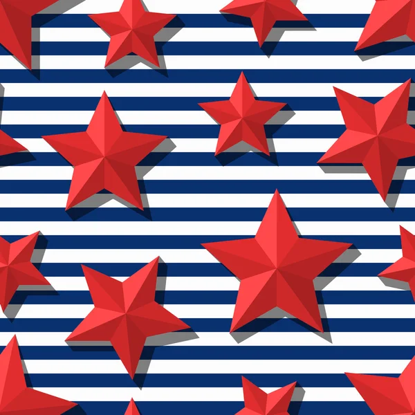 Vector seamless pattern with 3d stylized red stars and blue navy stripes. — Stok Vektör