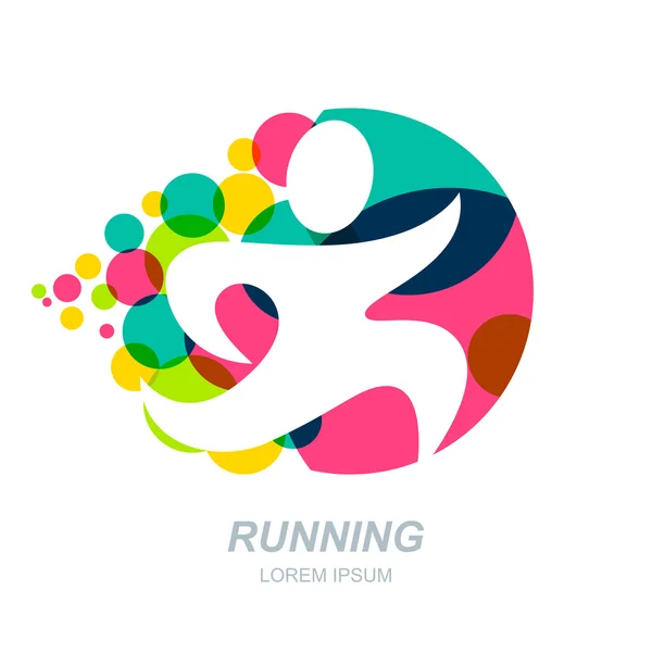 Abstract running man silhouette on multicolor dots background. — Stok Vektör