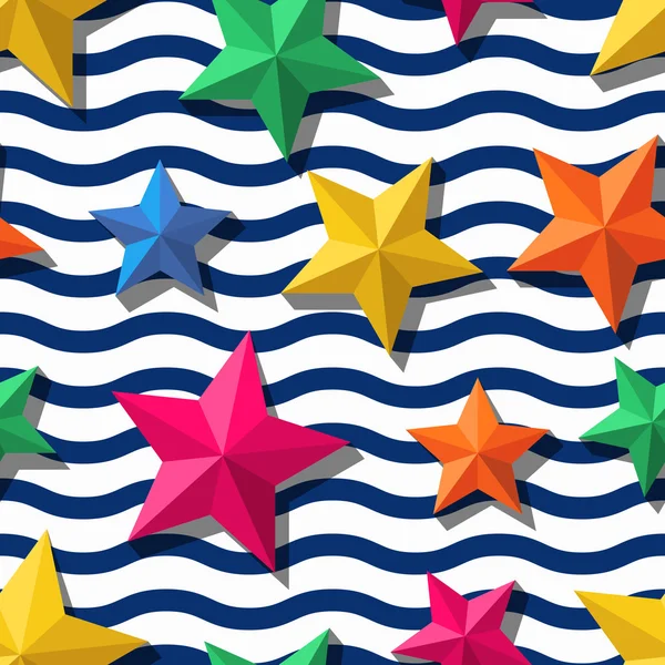 Vector seamless pattern with 3d stylized stars and and blue wavy stripes — Vetor de Stock