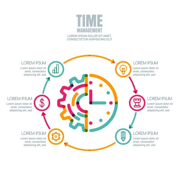 Time management, planning business concept. Vector infographics design template. Cogwheel and clock linear symbol and business icons set. Abstract outline illustration, isolated on white background. — Stockvektor