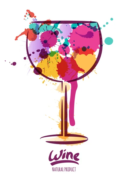 Vector watercolor illustration of colorful wine glass and hand drawn lettering. Abstract watercolor background. — ストックベクタ