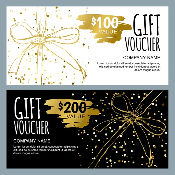 Vector gift voucher template with golden hand drawn bow ribbons. — Stock Vector