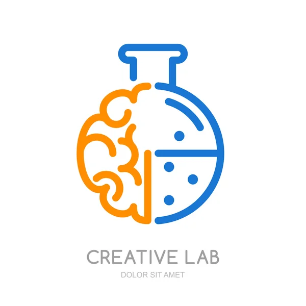 Vector logo, icon, symbol with brain and lab flask. Design concept for business solutions, education and science, development, creativity. — Vettoriale Stock