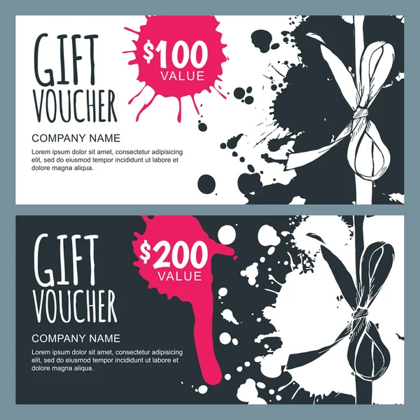 Vector gift voucher template with hand drawn bow ribbons and watercolor splashes background. - Stok Vektor