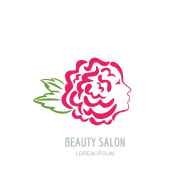 Woman with rose petals in hair. Vector beauty floral logo.