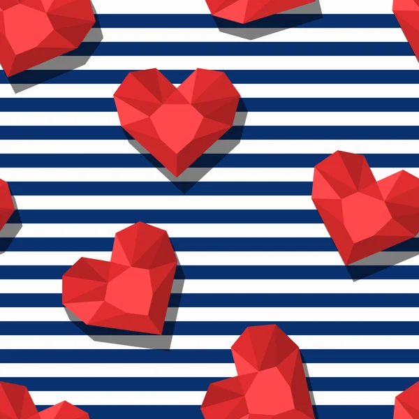 Vector seamless pattern with red gem stones in heart shape and blue stripes. 3d stylized hearts and diamonds. — Vettoriale Stock