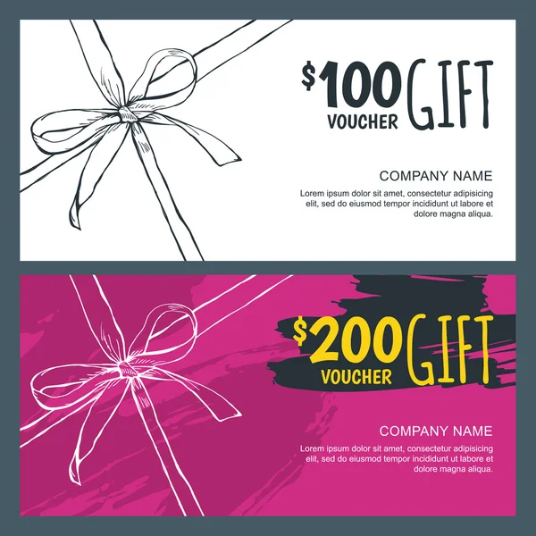 Vector white and pink gift vouchers with bow ribbons and watercolor background. — Stock Vector