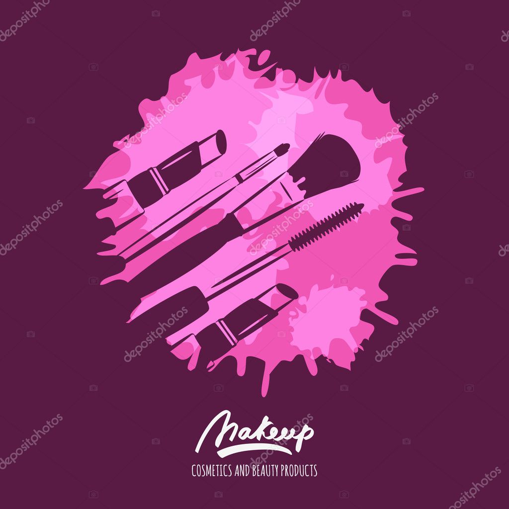 Vector hand drawn illustration of makeup tools, brushes, mascara and lipstick on watercolor splash background. Beauty and skincare concept. Watercolor design for cosmetics labels or banners.