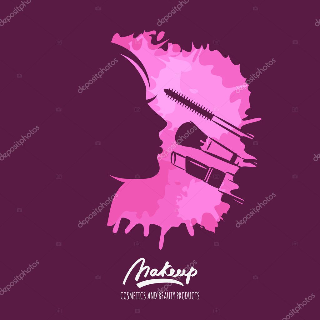 Woman face and makeup tools on watercolor splash background. Vector beauty logo or label. Illustration of female profile with brush and lipstick. Concept for beauty salon, cosmetics, visage, makeup