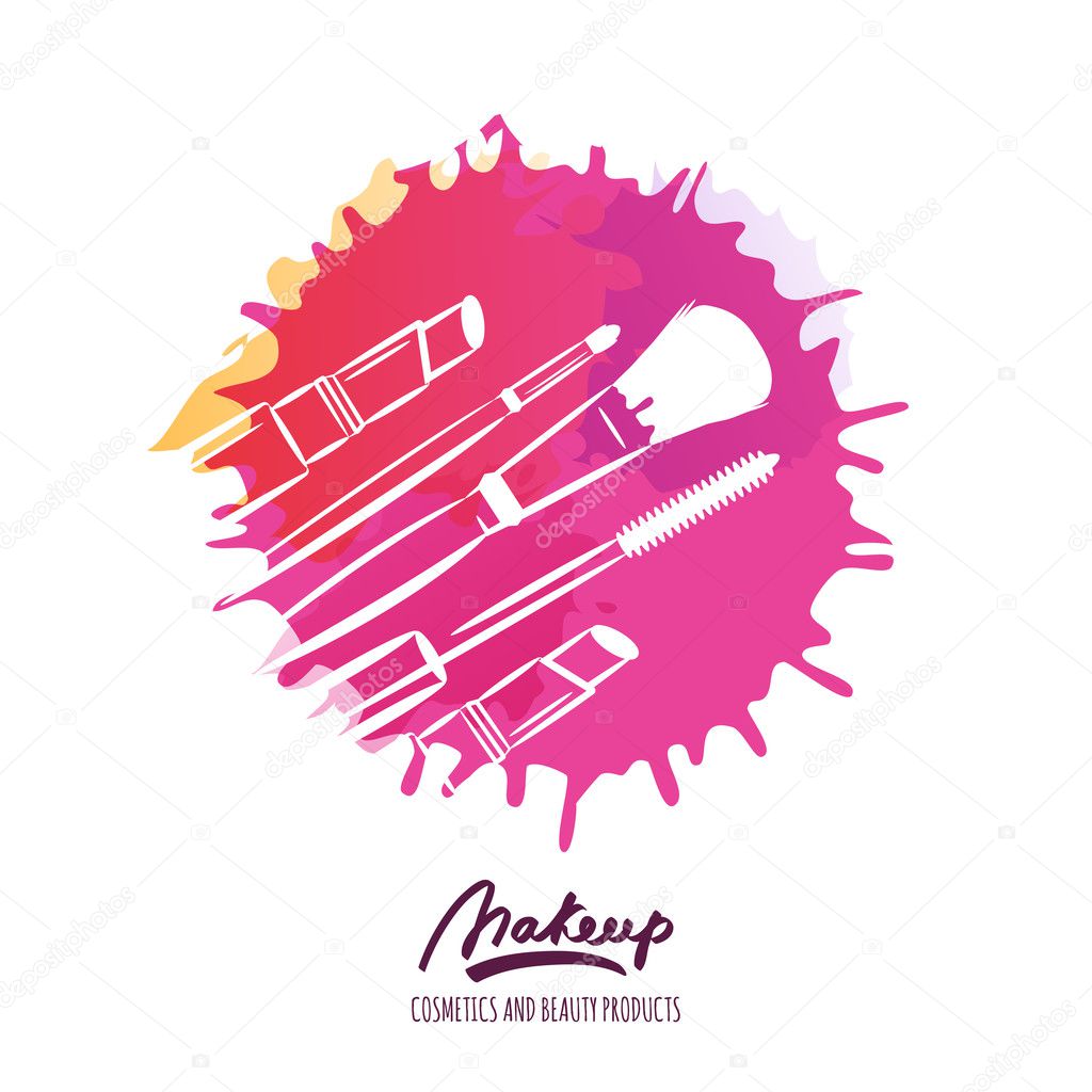 Makeup tools on watercolor splash background. Vector beauty logo or label design. Hand drawn illustration of makeup brush, mascara and lipstick. Concept for beauty salon, cosmetics, visage, makeup.