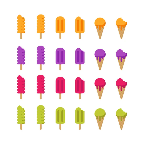 Set of vector multicolor ice cream icons. Ice lolly and cones ice cream isolated symbols. — Stock Vector