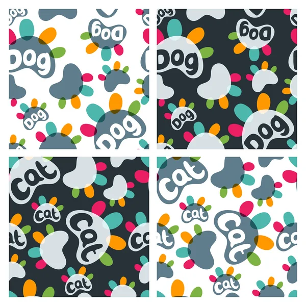 Set of vector seamless pattern with colorful cat and dog paws and hand drawn letters. — Stock Vector