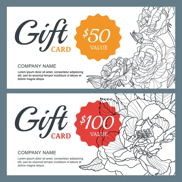 Vector gift voucher template with roses flowers. Business floral card template. Outline roses background. - Stok Vektor