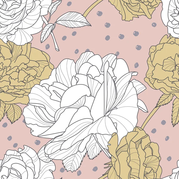 Padrão de cor de rosa sem costura vector com mão desenhada flores rosas. Ilustração floral com rosas brancas e douradas. —  Vetores de Stock