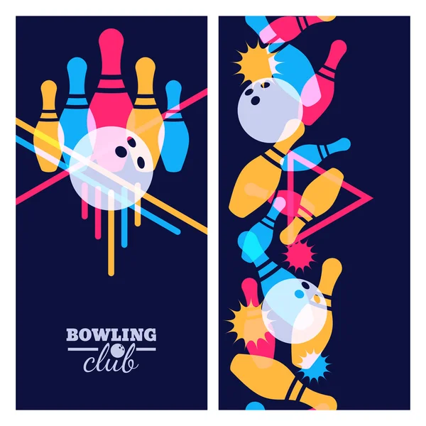 Insieme di elementi di design di banner, poster, flyer o etichetta di bowling. Sfondo nero colorato senza cuciture verticale. — Vettoriale Stock