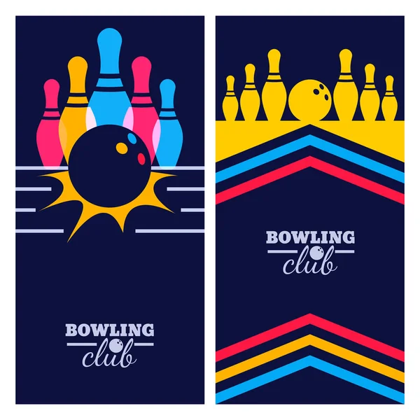 Set di bocce sfondi banner, poster, flyer o etichetta elementi di design. Illustrazione vettoriale astratta di gioco di bowling su priorità bassa nera. — Vettoriale Stock