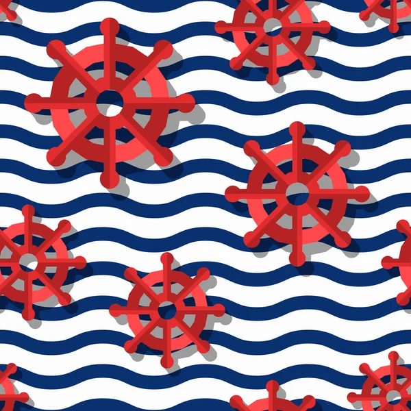 Vector seamless pattern with 3d stylized red steering wheels and blue wavy stripes. — Stock Vector