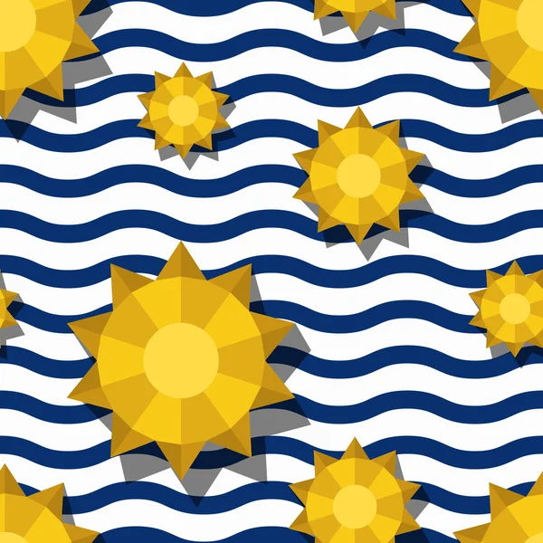 Vecteur transparente motif 3d soleil jaune stylisée et bandes ondulées bleues. Fond rayé marin été. — Image vectorielle