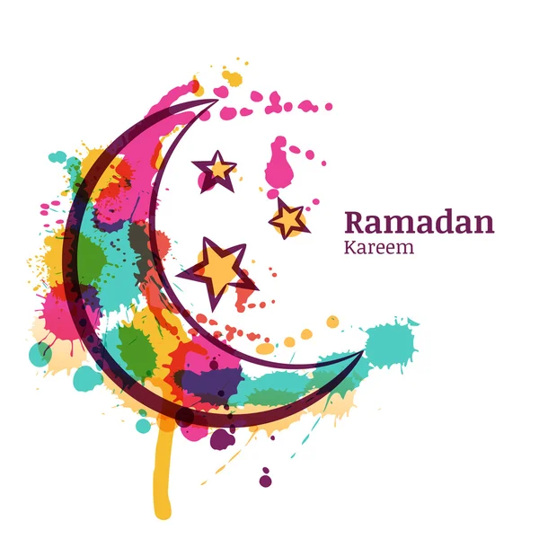 Ramadan greeting card with watercolor decorative moon and stars. Ramadan Kareem. — Stock Vector