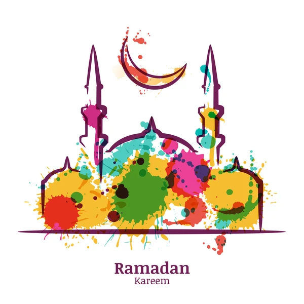 Carte de voeux de Ramadan Kareem avec illustration aquarelle de mosquée et de la lune. Vector fond aquarelle de vacances ramadan. — Image vectorielle