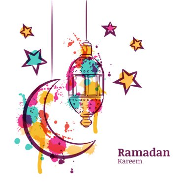 Ramadan greeting card with traditional watercolor lantern, moon and stars. Ramadan Kareem watercolor decoration background. Design for muslim ramadan holiday. Vector arabian holiday background.  clipart