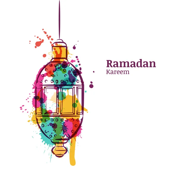 Carte de voeux de Ramadan avec lanterne aquarelle traditionnelle. Ramadan Kareem fond aquarelle. Concept de design pour la fête musulmane de ramadan. Fond d’arabian vacances vecteur. — Image vectorielle