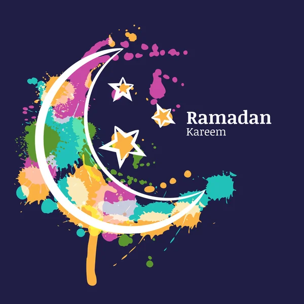 Ramadan greeting card with watercolor decorative moon and stars on blue night sky. Ramadan Kareem. Design concept for muslim ramadan holiday. Vector arabian holiday watercolor background. — Stock Vector
