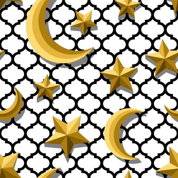 Wektor wzór arabski bezszwowe z 3d stylizowane złoty księżyc i gwiazdy. Arabeski ozdoby do dekoracji świątecznych ramadan. Muzułmańskich złoto bez szwu wzorów. — Wektor stockowy