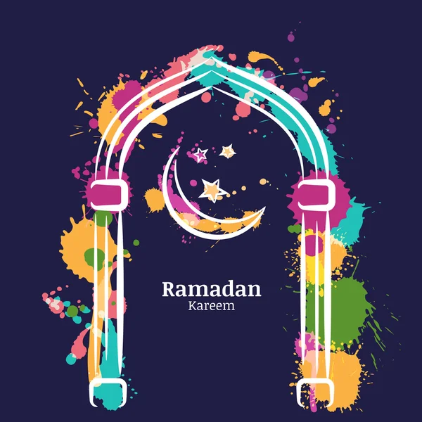 Ramadan Kareem vector watercolor night background with colorful moon and stars in the window. Greeting card template for ramadan holiday with place for text. Design concept for muslim ramadan holiday. — Stock Vector