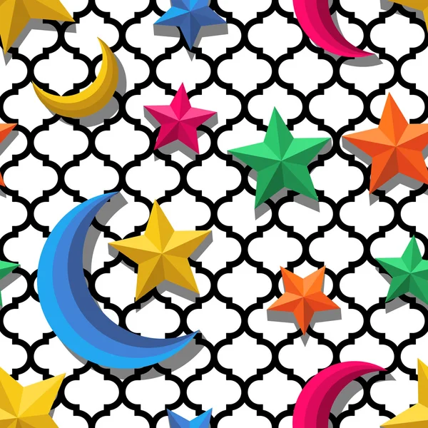Vector sem costura árabe padrão com 3d estilizada multicolor lua e estrelas. Arabesque ornamentos para a decoração do feriado do Ramadã. Padrões sem emenda da moda muçulmanos. —  Vetores de Stock