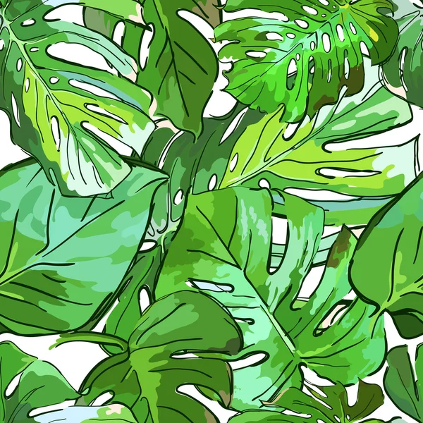 Tropical green palm tree leaves. Vector summer seamless pattern. Hand drawn tropical leaves background. Abstract design for fabric, textile print, wrapping paper or web backgrounds. — Image vectorielle