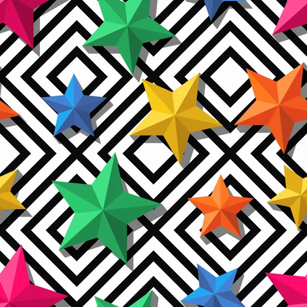 Vector seamless geometric pattern. 3d stylized multicolor stars on monochrome background. Design for fashion textile print, wrapping paper, web background. — Image vectorielle