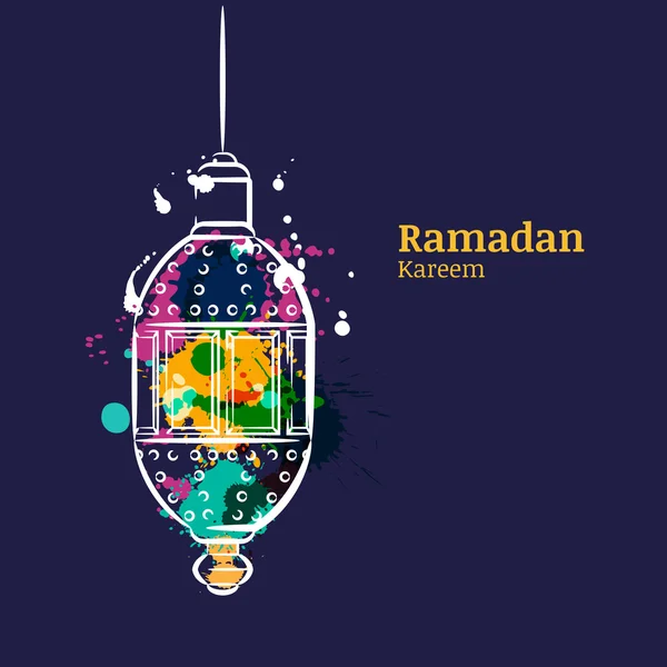 Ramadan greeting card with traditional watercolor night lantern. Ramadan Kareem watercolor dark blue background. Vector design concept for muslim ramadan holiday. — Image vectorielle