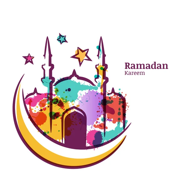 Ramadan Kareem greeting card with watercolor isolated illustration of multicolor mosque on moon. Vector ramadan holiday, watercolor background. Design concept for muslim ramadan holiday. — ストックベクタ