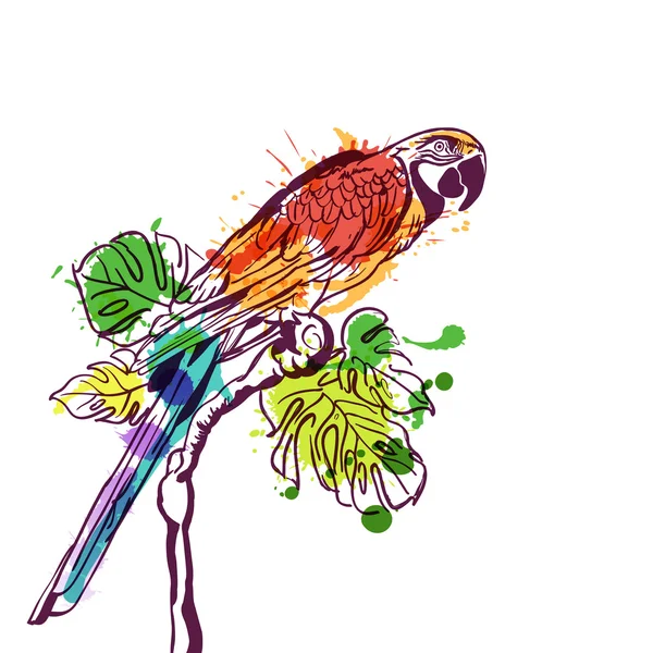 Vector hand drawn watercolor illustration of tropical parrot bird. Isolated colorful parrot on branch with green palm leaves. Design element for fashion print, label, package, background. —  Vetores de Stock