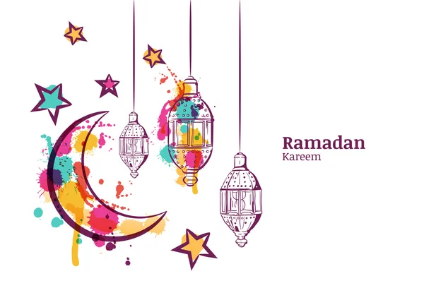 Ramadan greeting card or banner horizontal background. Traditional watercolor lanterns, moon and stars. Ramadan Kareem watercolor decoration background. Vector design for muslim ramadan holiday. — Archivo Imágenes Vectoriales