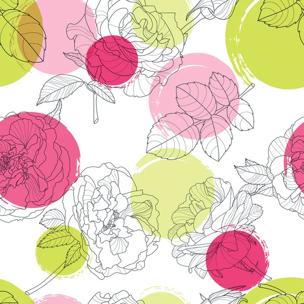 Vector seamless pattern with beautiful roses flower and colorful watercolor blots. Black and white floral line illustration. —  Vetores de Stock