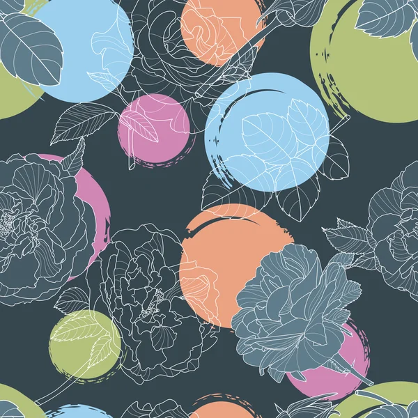 Vector seamless pattern with roses flower and colorful watercolor blots.  Multicolor floral illustration on grey background. Design for fabric, textile print, wrapping paper. Roses background. — 스톡 벡터